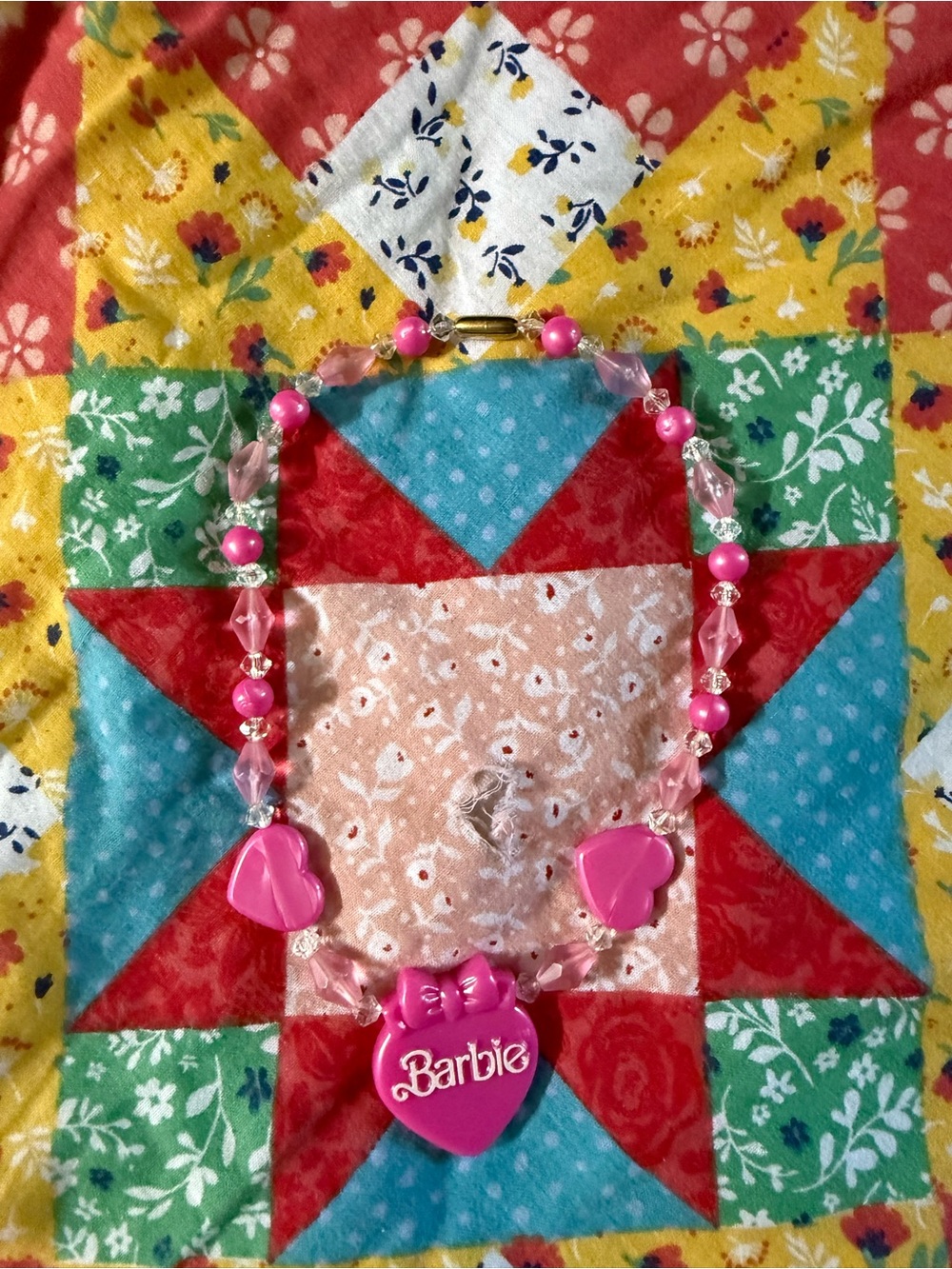 Vintage 1989 Barbie Pink Heart & Bow Beaded Necklace for Kids